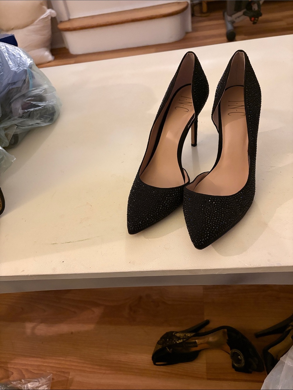INC International Concepts Black Pointed Toe Rhinestone High Heels